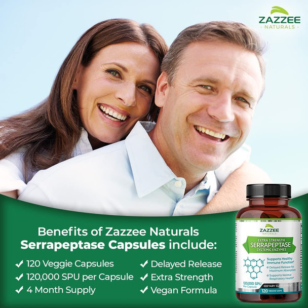 Zazzee Extra Strength Serrapeptase 120,000 SPU, 120 Vegan Capsules, Delayed Release, Systemic Enzymes, Supports Healthy Sinuses and a Healthy Immune System, Non-GMO and All-Natural