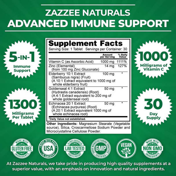 Zazzee Advanced Immune Support, 1300 mg per Tablet, 30 Day Supply, with 1000 mg Vitamin C, Zinc, 1000 mg Strength Echinacea, 1000 mg Strength Elderberry and 200 mg Strength Goldenseal, All-Natural