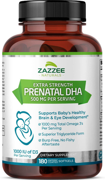 Zazzee Extra Strength Prenatal DHA, 500 mg, 180 Enteric Coated Softgels, 1000 mg Omega 3s, 1000 IU Vitamin D3, Burp Free, No Fishy Aftertaste, Superior Triglyceride Form, Purified Deep Sea Fish Oil
