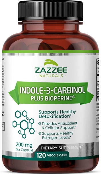 Zazzee Indole-3-Carbinol (I3C), 120 Vegan Capsules, 4 Month Supply, 200 mg per Capsule, Plus 5mg BioPerine for Enhanced Absorption, Vegan, Non-GMO and All-Natural