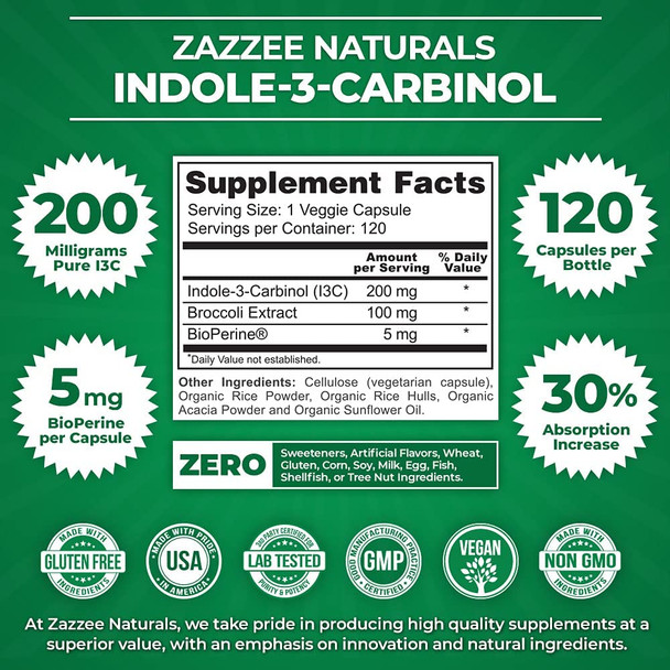 Zazzee Indole-3-Carbinol (I3C), 120 Vegan Capsules, 4 Month Supply, 200 mg per Capsule, Plus 5mg BioPerine for Enhanced Absorption, Vegan, Non-GMO and All-Natural