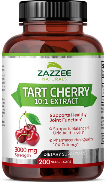 Zazzee Tart Cherry Extract Capsules, 200 Vegan Capsules, 3000 mg Strength, Potent 10:1 Extract, Over 6-Month Supply, Vegan, Non-GMO and All-Natural