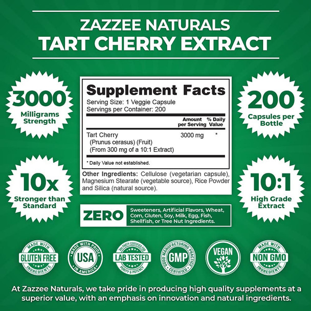 Zazzee Tart Cherry Extract Capsules, 200 Vegan Capsules, 3000 mg Strength, Potent 10:1 Extract, Over 6-Month Supply, Vegan, Non-GMO and All-Natural