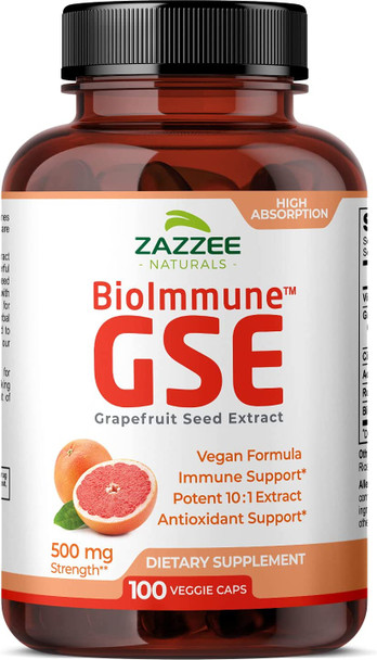 Zazzee BioImmune Grapefruit Seed Extract GSE 500 mg 100 Vegan Capsules, High Absorption, Potent Immune Support Blend, 10:1 Extract, Non-GMO and All-Natural