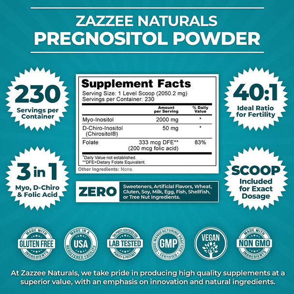 Zazzee PREGNOSITOL Powder, 230 Servings, Ideal 40:1 Ratio, Includes Free Scoop for Exact Dosage, Premium Myo-Inositol, D-Chiro-Inositol and Folic Acid Blend, Vegan, Non-GMO and All Natural