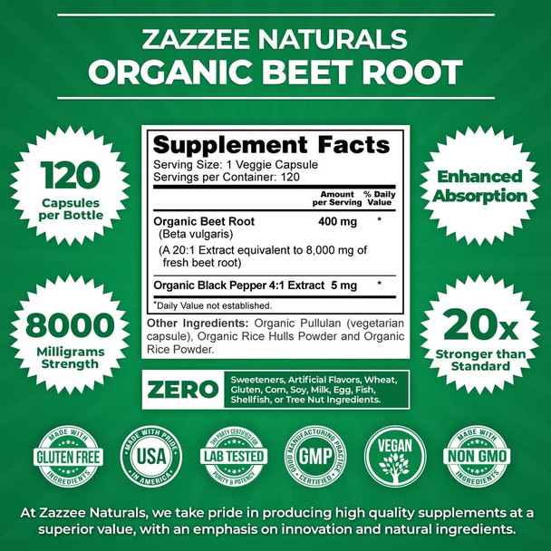 Zazzee USDA Organic Extra Strength Beet Root 20:1 Extract, 8000 mg Strength, 120 Veggie Caps, Enhanced Absorption with Organic Black Pepper Extract, Vegan, All-Natural and Non-GMO