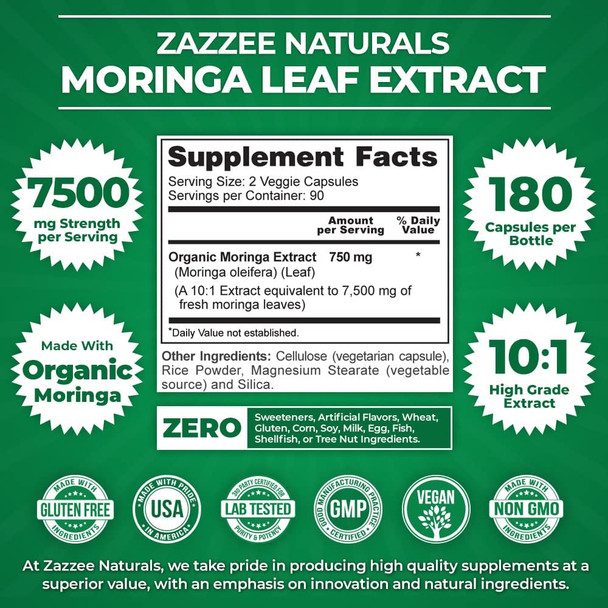 Zazzee Organic Moringa Extract 7500 mg Strength, 180 Vegan Capsules, Potent 10:1 Extract, 100% Pure Leaf Powder, Non-GMO and All-Natural