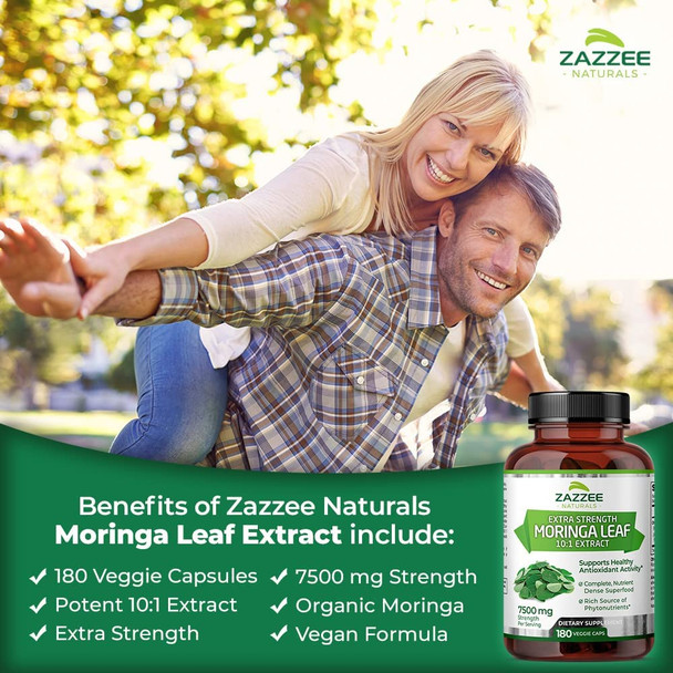 Zazzee Organic Moringa Extract 7500 mg Strength, 180 Vegan Capsules, Potent 10:1 Extract, 100% Pure Leaf Powder, Non-GMO and All-Natural