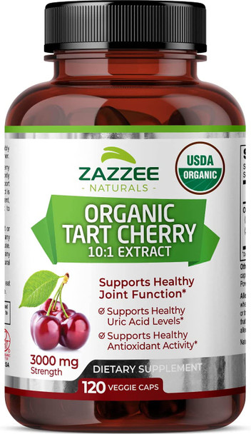 Zazzee USDA Organic Tart Cherry Extract, 120 Vegan Capsules, 3000 mg Strength, Potent 10:1 Extract, USDA Certified Organic, Non-GMO and All-Natural