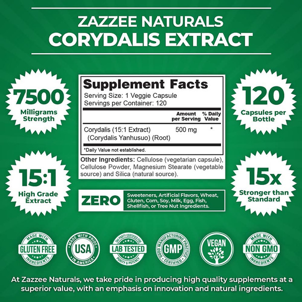 Zazzee Corydalis Extract, 500 mg, 120 Vegan Capsules, Powerful 15:1 Extract, Extra Strength Premium Grade, Vegan, All-Natural and Non-GMO, Natural Support for Pain Relief