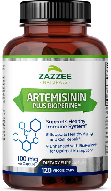 Zazzee Artemisinin, 100 mg per Capsule, 120 Vegan Capsules, 4 Month Supply, Plus 5 mg BioPerine for Enhanced Absorption, Sweet Wormwood Extract, Vegan and Non-GMO