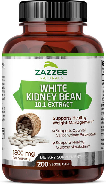 Zazzee White Kidney Bean Extract 200 Vegan Capsules, 1800 mg Per Serving, Potent 10:1 Extract, 18,000 mg Strength, 100% Pure, Vegan, Non-GMO and All-Natural