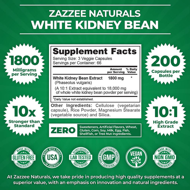 Zazzee White Kidney Bean Extract 200 Vegan Capsules, 1800 mg Per Serving, Potent 10:1 Extract, 18,000 mg Strength, 100% Pure, Vegan, Non-GMO and All-Natural