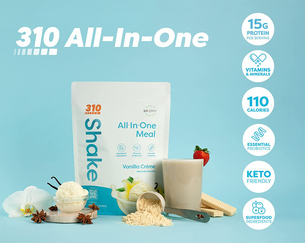 310 Nutrition  AllInOne Meal Replacement Shake with Shaker Cup  New Formula with Fiber Rich Vegan Superfood Blend  Natural Sweeteners  Low Carb Shake Keto  Paleo Friendly  Gluten Free  26 Essential Vitamins  Minerals Vanilla Creme  14 Servings