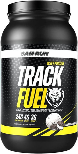 6AM Run Track Fuel Whey Protein Powder  25 Grams of Protein  Easy Mixing and Great Taste  BCAA Enhanced  2 Pound  Cookies  Cream