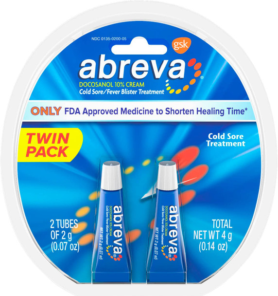 Abreva 10 Percent Docosanol Cold Sore Treatment Treats Your Fever Blister in 2.5 Days  0.07 oz Tube x 2