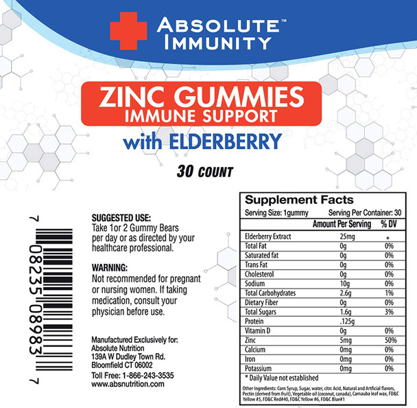 Absolute Immunity ZINC and Elderberry Gummies  Immune System Health  Adults and Kids 30ct. 2 Pack