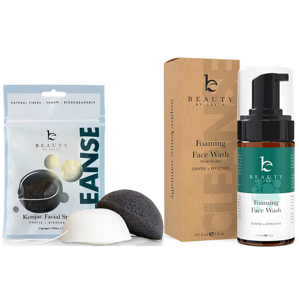 Foaming Face Wash  Made w/Organic  Natural Vegan Ingredients for Gentle Cleansing of Sensitive Dry Oily Acne Prone  Konjac Face Sponges  Natural Sponges for Gentle Cleansing Face Exfoliating