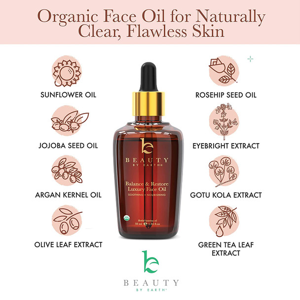 Beauty by Earth Organic Face Oil  Balance  Restore Facial Oil Best for Oily Acne Prone or Problematic Skin Hydrating Oil for Face Helps Skin Look Balanced Plump and Youthful