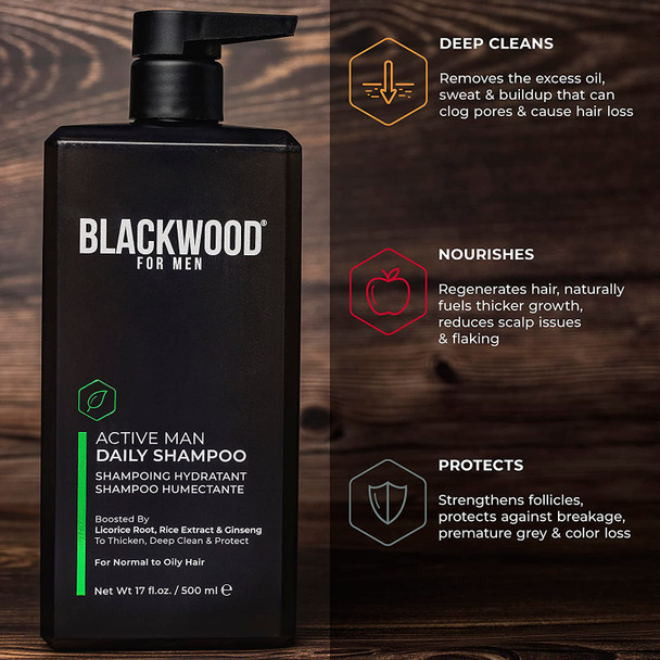 BLACKWOOD FOR MEN Active Man Daily Shampoo  Natural Organic Sulfate Free Set to Boost the Thickening Growth  Strength of Mens Hair Combined with Blackwood Scalp  Hair Care Conditioner Products