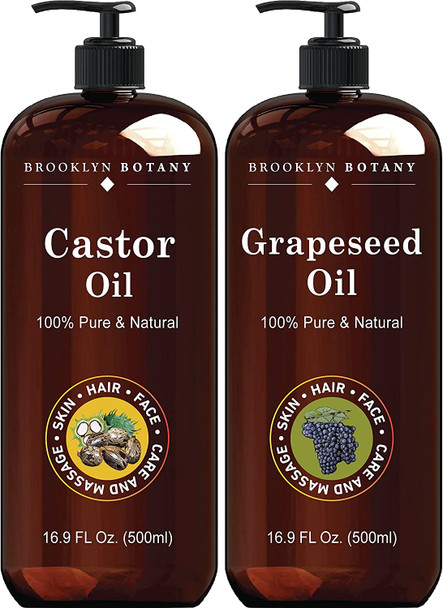 Brooklyn Botany Castor and Grapeseed Oils  100 Pure and Cold Pressed Castor Oil for Hair Growth Eyelashes and Eyebrows  Carrier Oil for Essential Oils Aromatherapy and Massage  16 fl. Oz