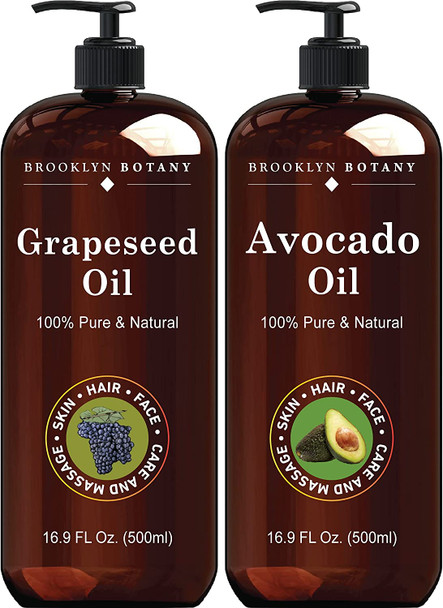 Brooklyn Botany Grapeseed and Avocado Oils for Skin and Hair 100 Pure and Cold Pressed  Carrier Oil for Essential Oils Aromatherapy and Massage  Moisturizing Skin Hair and Face 16 fl Oz
