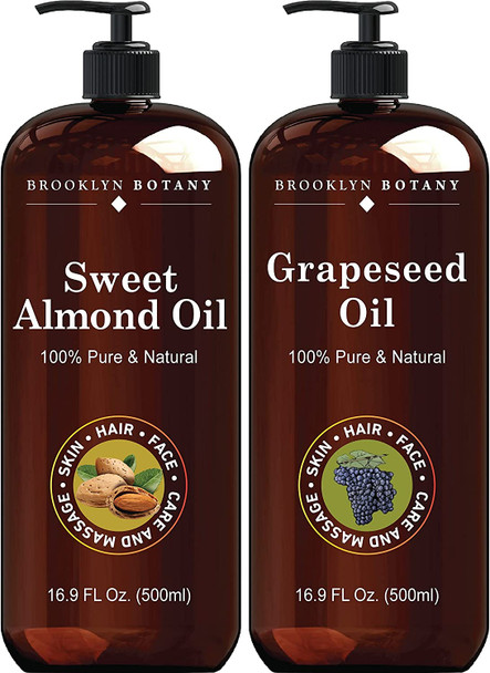 Brooklyn Botany Sweet Almond and Grapeseed Oils for Skin  100 Pure and Cold Pressed  Carrier Oil for Essential Oils Aromatherapy and Massage  Moisturizing Skin Hair and Face  16 fl. Oz