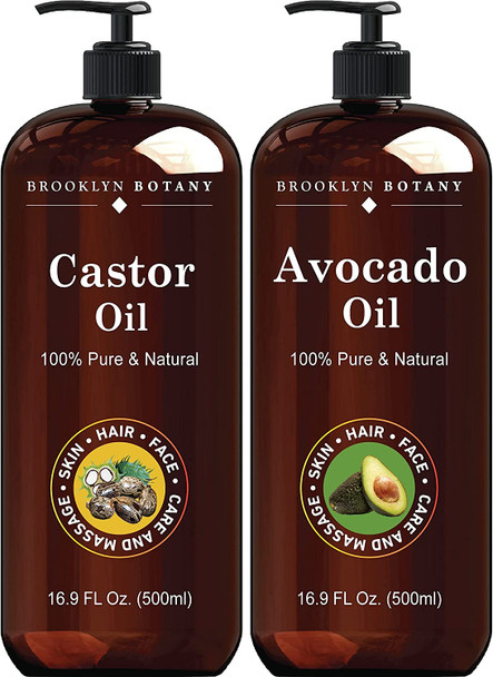 Brooklyn Botany Castor and Avocado Oils  100 Pure and Cold Pressed  for Hair Growth Eyelashes and Eyebrows  Carrier Oil for Essential Oils Aromatherapy and Massage  Therapeutic Grade 16 fl Oz