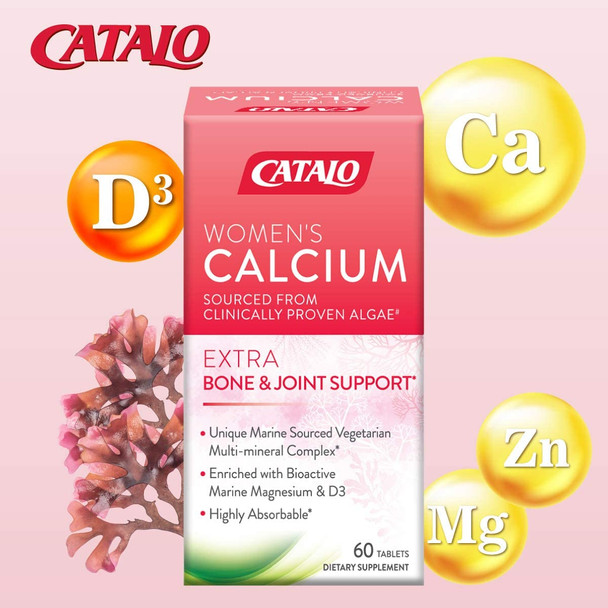CATALO  Womens Calcium Support Strong Bone and Delay Bone Loss Promote Joint Mobility 600mg Plant Based clinically Proven Algae Calcium per Serving with Vitamin D3 60 Tablets