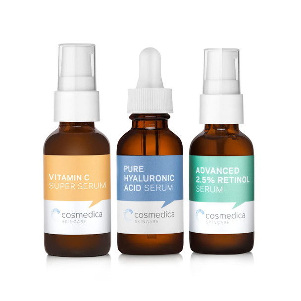 Cosmedica Skincare Facial Serum Trio Set Value for Clear Skin  Vitamin C Super Serum 2.5 Retinol Serum Pure Hyaluronic Acid Serum  Vegan CrueltyFree Skincare