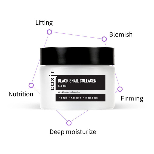 Coxir Black Snail Collagen Cream 50ml / 1.7 fl. oz. Snail mucin Collagen Black Beans Paraben Free Cruelty Free Korean skincare