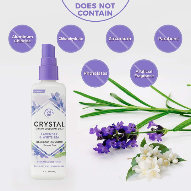 CRYSTAL Mineral Deodorant Spray Body Deodorant With 24Hour Odor Protection Lavender  White Tea Spray NonStaining Aluminum Chloride  Paraben Free 4 FL OZ  Pack of 2