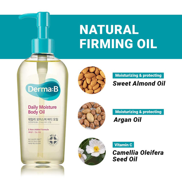 Derma B Daily Moisture Body Oil for Dry Skin 99 Natural Origin Argan Oil  Sweet Almond Oil 6.78 Fl Oz 200ml