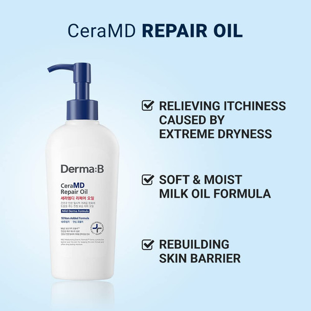Derma B CeraMD Repair Oil Unscented Fragrance Free Lightweight Fast Absorbing Soften Moisturizing Body Oil with Coconut Oil Milky Formula for Dry Sensitive Itchy Skin without Greasy 6.7Fl. Oz. 200ml