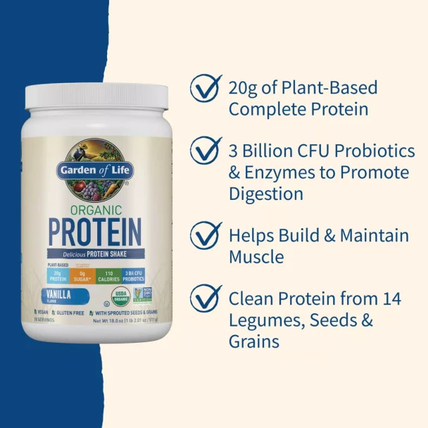 Garden of Life Organic Vegan Protein Plant Based Powder  Vanilla  19.05oz Certified Gluten Free Non GMO Dairy Free 20g Protein Per Serving