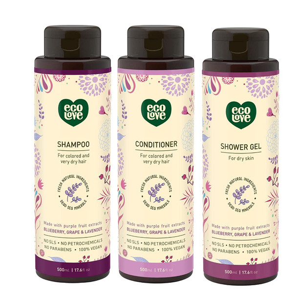 ecoLove  Natural Shampoo Conditioner  Moisturizing Body Wash With Organic Lavender Extract  No SLS or Parabens  Vegan and CrueltyFree