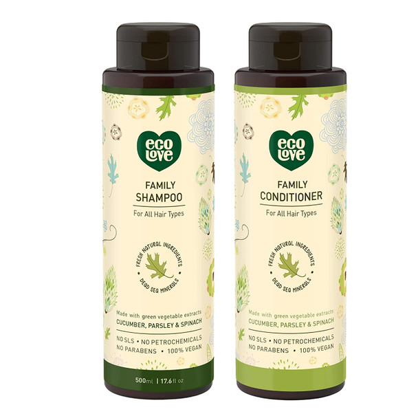 ecoLove  Natural Shampoo  Conditioner Set for All Hair Types  Safe for the Whole Family  No SLS or Parabens  With Organic Cucumber Extract  Vegan and CrueltyFree 17.6 oz