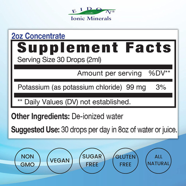 Eidon Liquid Potassium Supplement  Supports Proper Cell Function Bioavailable Ionic All Natural Vegan GlutenFree NoPreservatives or Additives  Potassium Drops 2 Ounce Bottle 2 Pack