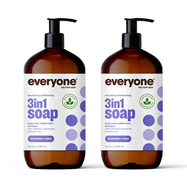 Everyone 3in1 Soap Body Wash Bubble Bath Shampoo 32 Ounce Pack of 2 Lavender and Aloe Coconut Cleanser with Organic Plant Extracts and Pure Essential Oils
