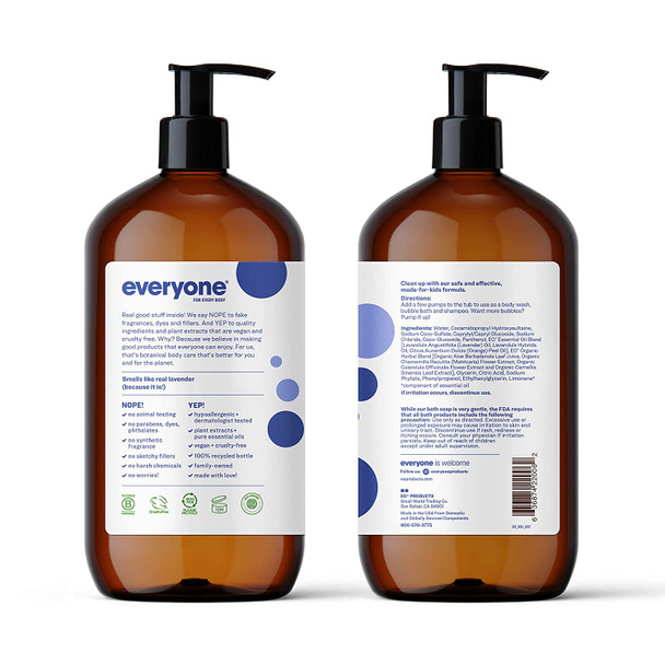 Everyone 3in1 Kids Soap Body Wash Bubble Bath Shampoo Lavender Lullaby Coconut Cleanser with Organic Plant Extracts and Pure Essential Oils 32 Fl Oz Pack of 2