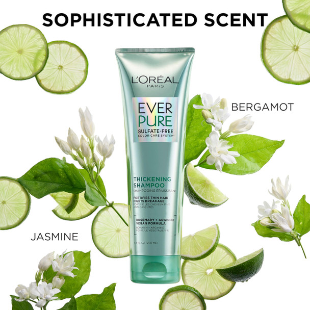 L'Oreal Paris Thickening Sulfate Free Shampoo, Thickens + Strengthens Thin, Fragile Hair, Hair Care with Rosemary Leaf, EverPure, 8.5 Fl Oz (Packaging May Vary)