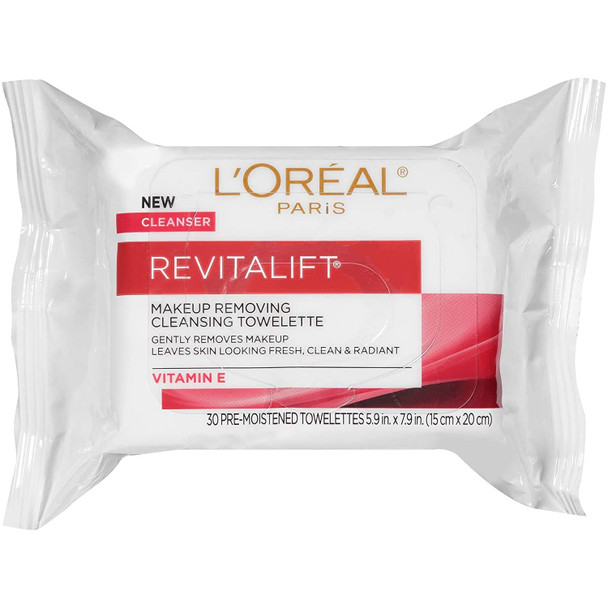 Gentle Makeup Remover, L'Oreal Paris Revitalift Makeup Removing Wipes with Vitamin E, Face Cleansing Towelettes, Removes Dirt, Sweat and Makeup, 30 Count