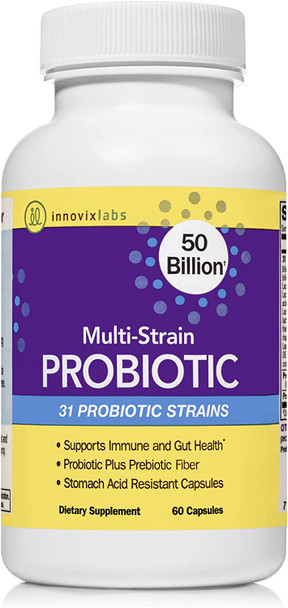 InnovixLabs MultiStrain Probiotic Supplement  for Gut Health 50 Billion CFU Probiotics for Women Probiotics for Men and Adults Lactobacillus Acidophilus Prebiotics and Probiotics 60 Pills