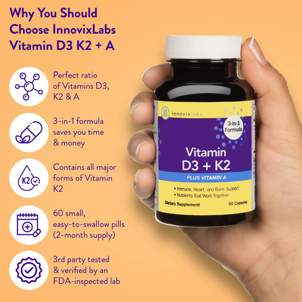InnovixLabs ADK Vitamin Supplement  Vitamin D3 K2 5000 IU  Low Dose Vitamin A for Absorption  Contains Both Vitamin K2 MK7  MK4  Supports Immune System Heart  Bones  60 Capsules