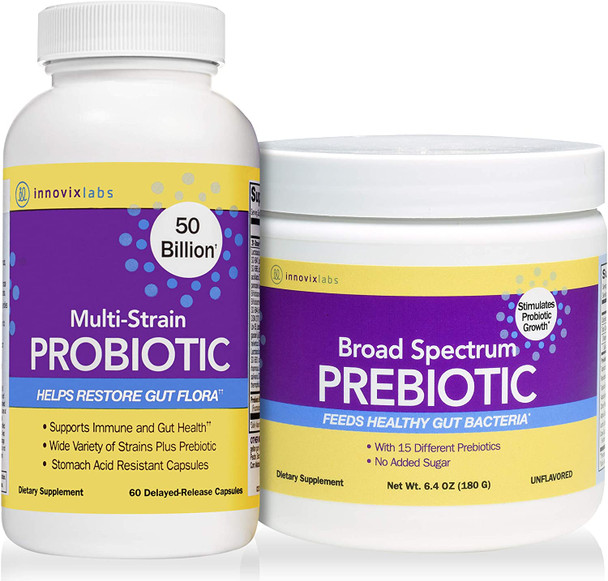 Probiotic  Prebiotic Bundle  InnovixLabs MultiStrain Probiotic Supplement 60 TimeRelease Caps. and InnovixLabs Broad Spectrum Prebiotic 30 Servings. Boost Probiotic Good Bacteria.