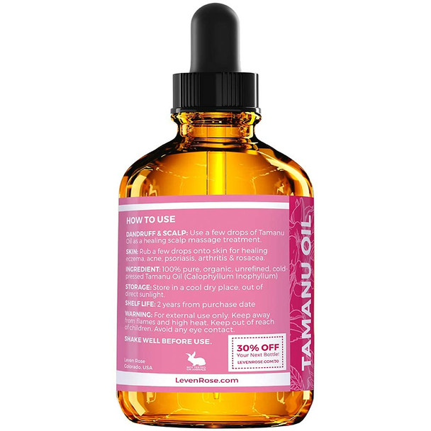 Leven Rose Tamanu Oil 100 Pure Organic Unrefined ColdPressed Tamanu Oil For Hair Skin Nails Acne Scars  2 oz In Dark Amber Glass Bottle with Glass Dropper  100