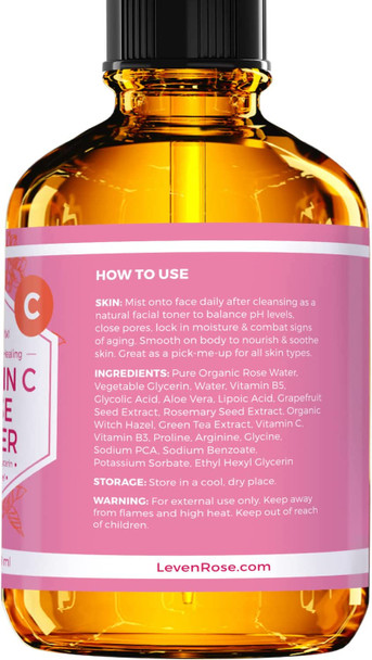 Vitamin C Rose Toner by Leven Rose 100 Pure Organic Toner for Face with Vitamin C 4 oz