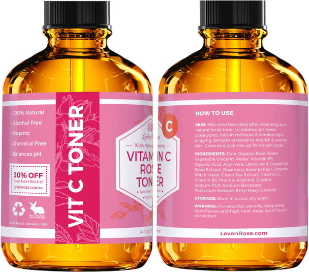 Vitamin C Rose Toner by Leven Rose 100 Pure Organic Toner for Face with Vitamin C 4 oz