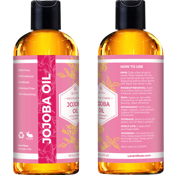 Jojoba Oil by Leven Rose Pure Cold Pressed Natural Unrefined Moisturizer for Skin Hair and Nails 16 Fl. oz