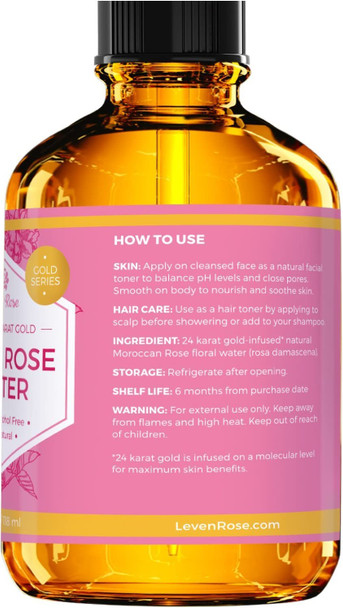 24 Karat Gold Rose Water Toner by Leven Rose Organic Natural Moroccan 24K Rosewater Toner 4 oz